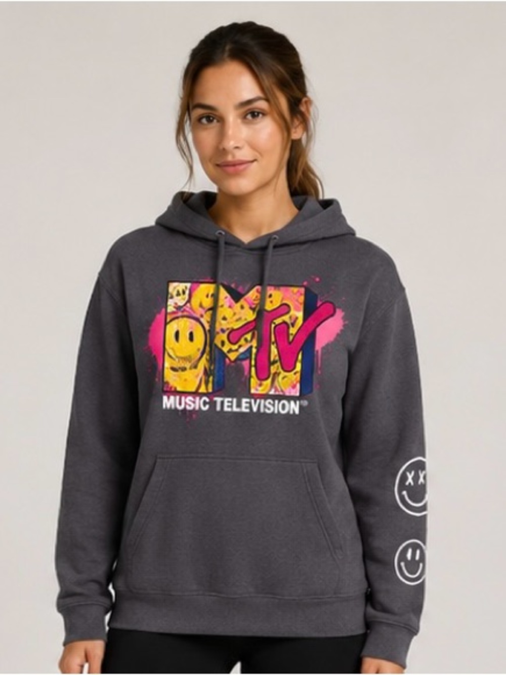 MTV Charcoal Hoodie with Neon Pink & Yellow Logo